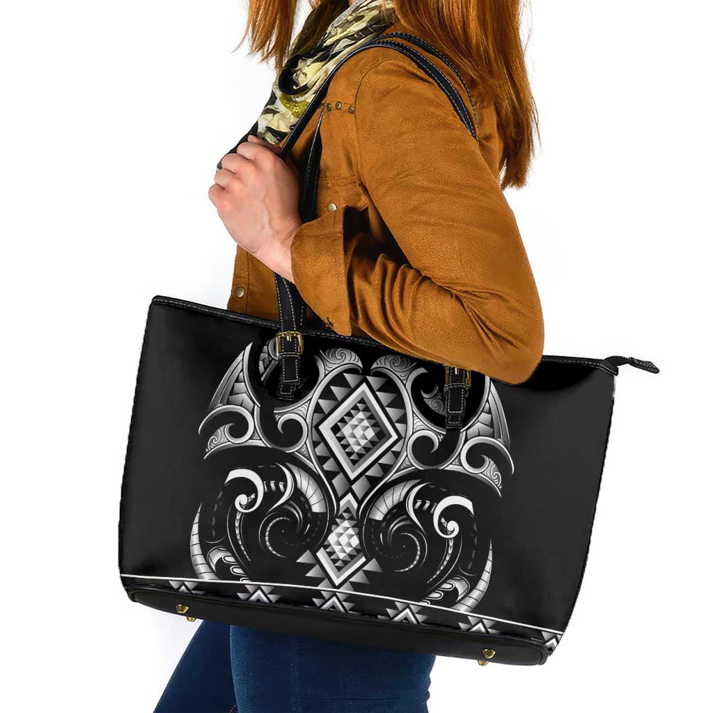 Black Ngaru Taniko With Aotearoa Maori Tattoo Leather Tote Bag