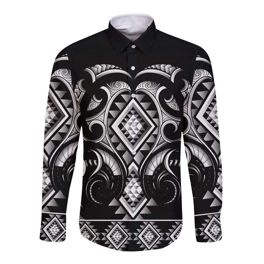 Black Ngaru Taniko With Aotearoa Maori Tattoo Long Sleeve Button Shirt