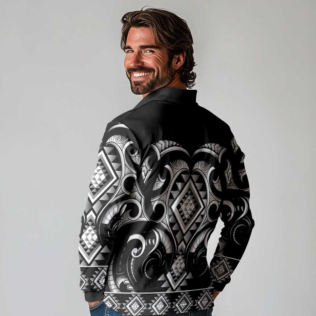 Black Ngaru Taniko With Aotearoa Maori Tattoo Long Sleeve Polo Shirt