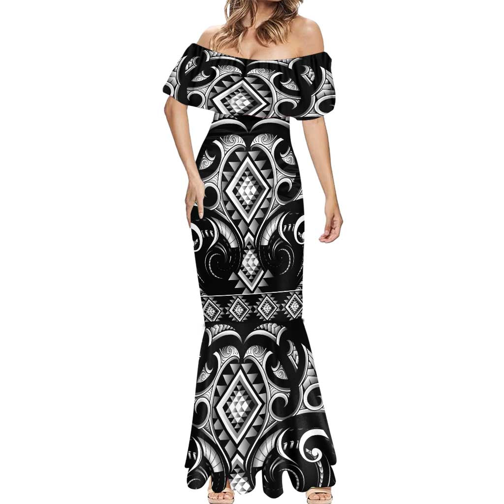 Black Ngaru Taniko With Aotearoa Maori Tattoo Mermaid Dress