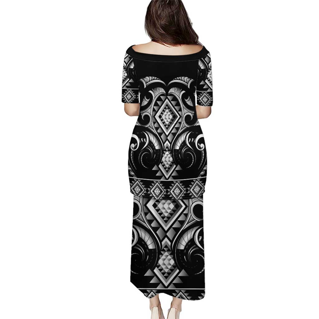 Black Ngaru Taniko With Aotearoa Maori Tattoo Puletasi