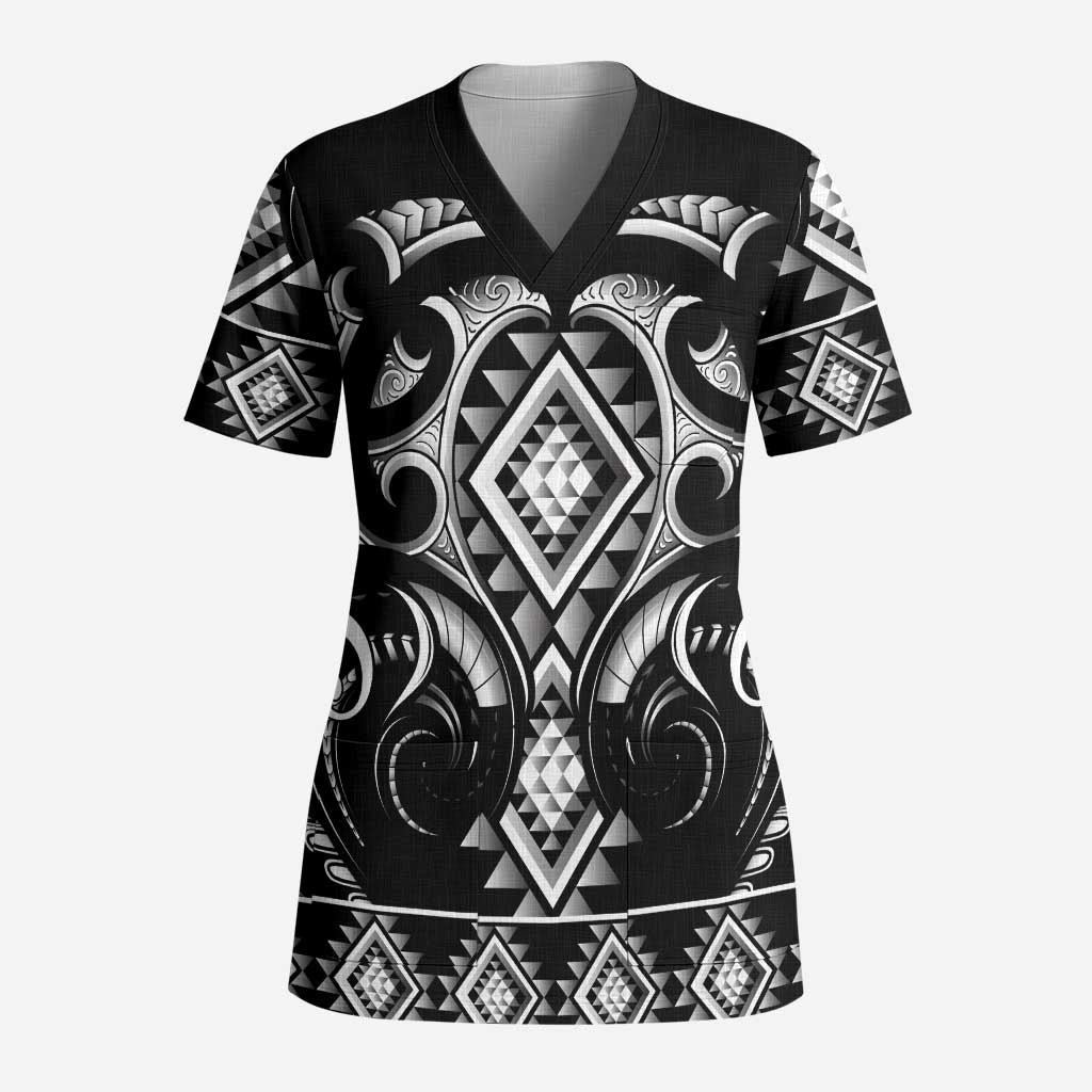 Black Ngaru Taniko With Aotearoa Maori Tattoo Scrub Top - Polynesian Pride