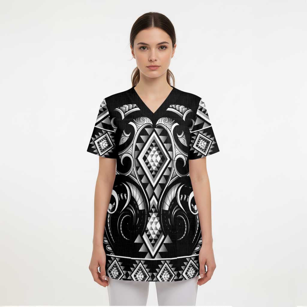 Black Ngaru Taniko With Aotearoa Maori Tattoo Scrub Top - Polynesian Pride