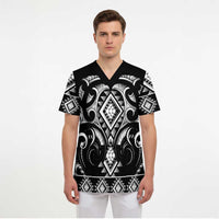 Black Ngaru Taniko With Aotearoa Maori Tattoo Scrub Top - Polynesian Pride