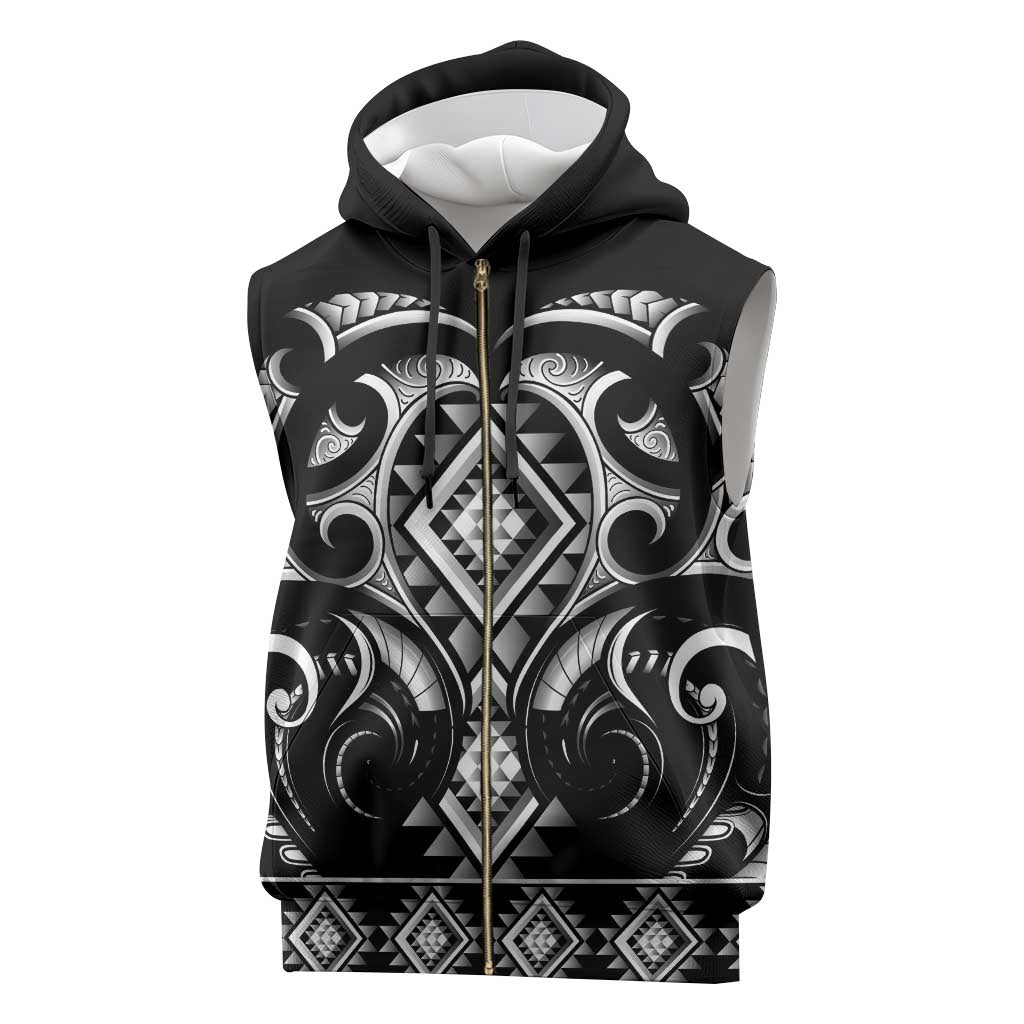 Black Ngaru Taniko With Aotearoa Maori Tattoo Sleeveless Zip Hoodie - Polynesian Pride