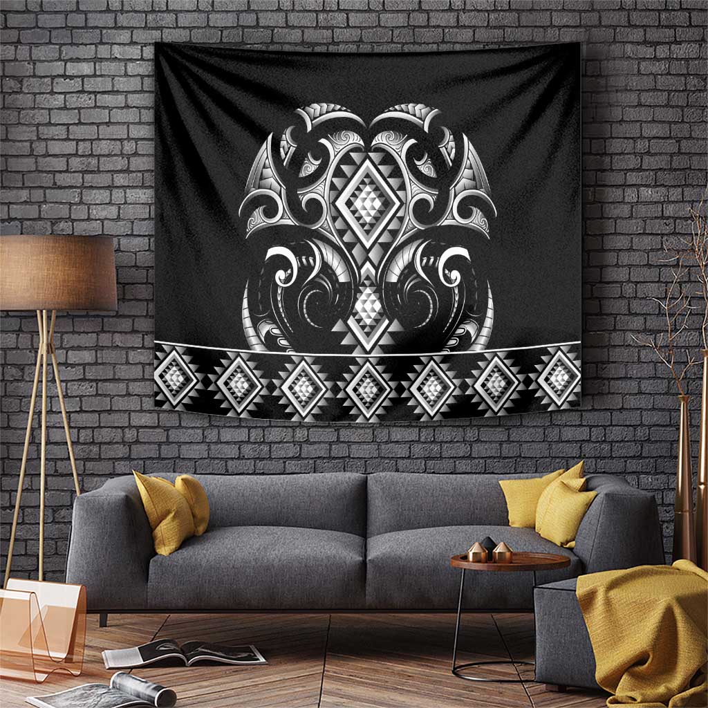Black Ngaru Taniko With Aotearoa Maori Tattoo Tapestry