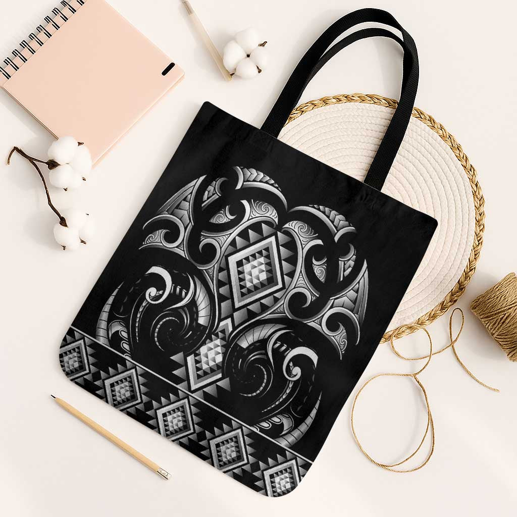 Black Ngaru Taniko With Aotearoa Maori Tattoo Tote Bag - Polynesian Pride