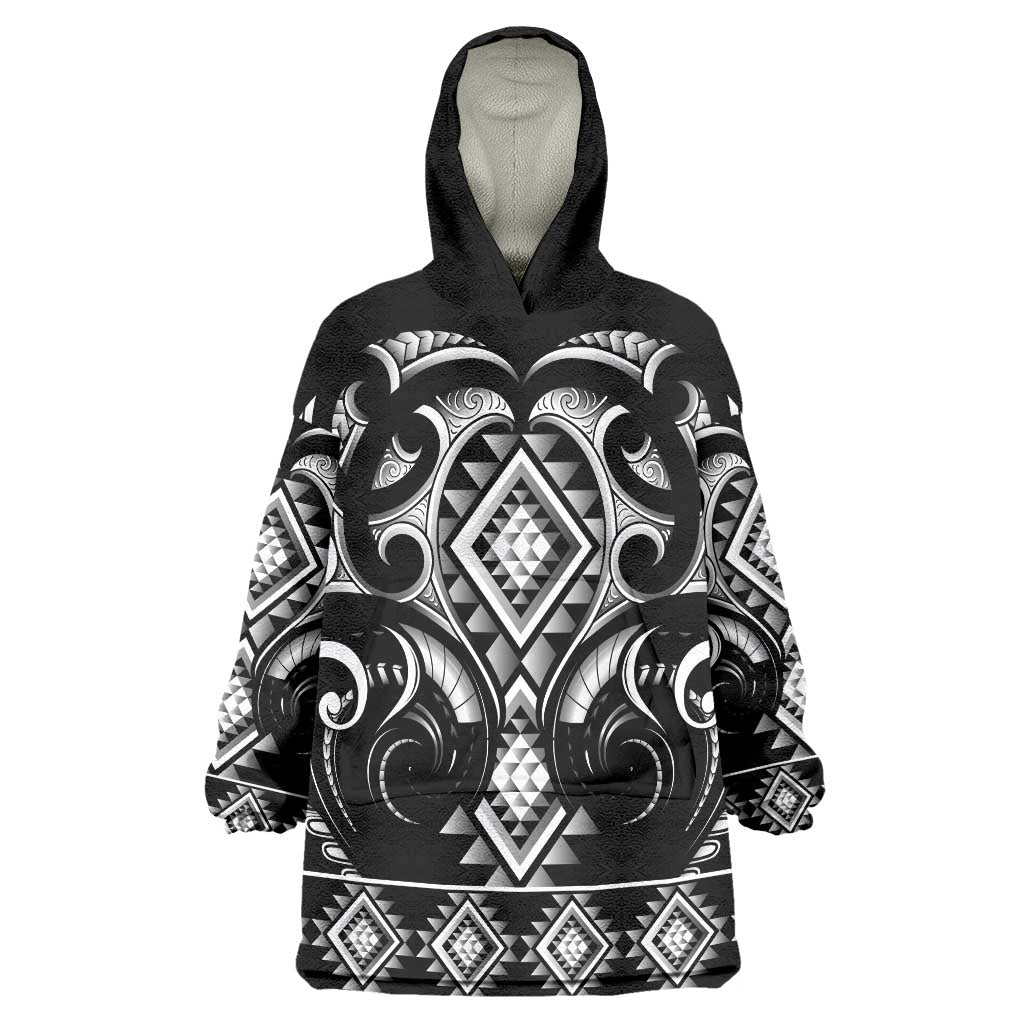 Black Ngaru Taniko With Aotearoa Maori Tattoo Wearable Blanket Hoodie