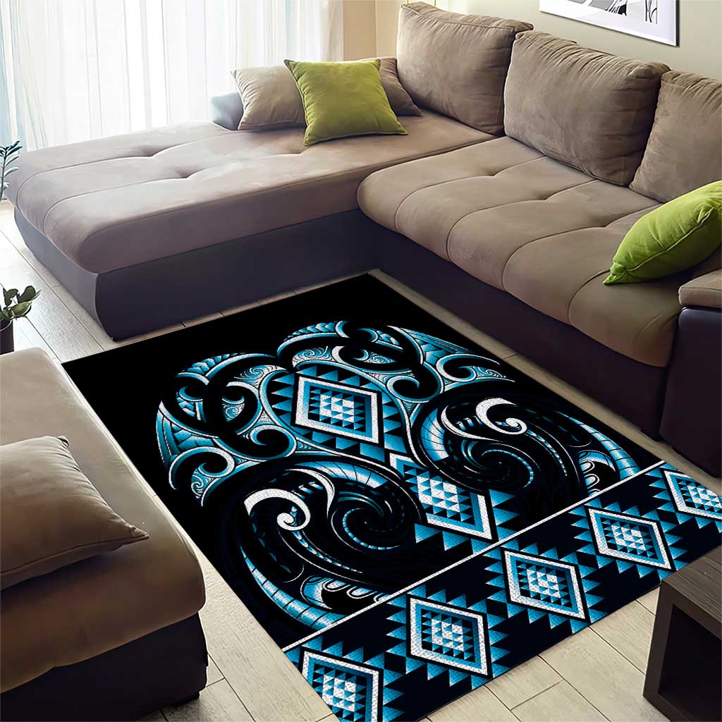 Blue Ngaru Taniko With Aotearoa Maori Tattoo Area Rug