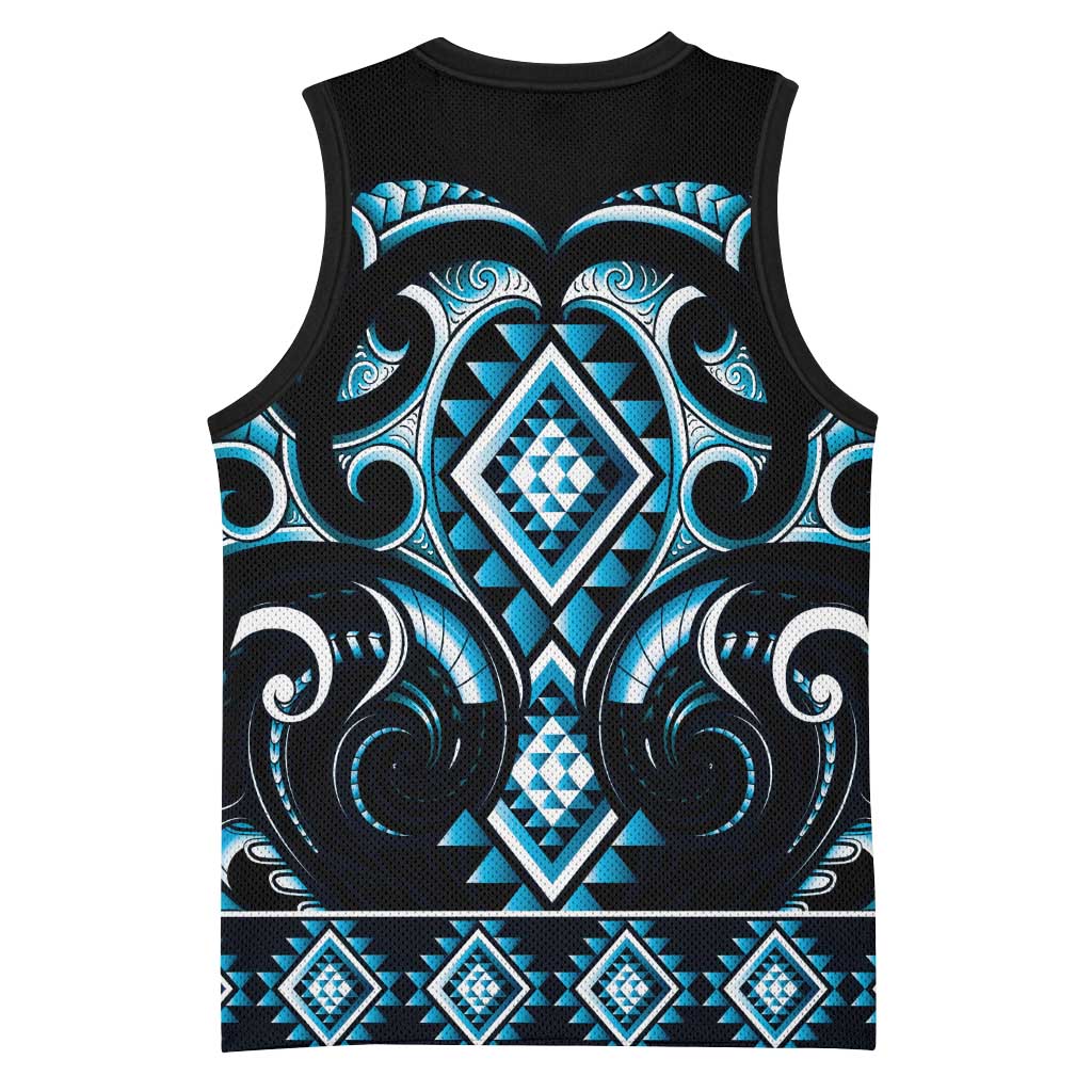 Blue Ngaru Taniko With Aotearoa Maori Tattoo Basketball Jersey LT14 - Polynesian Pride