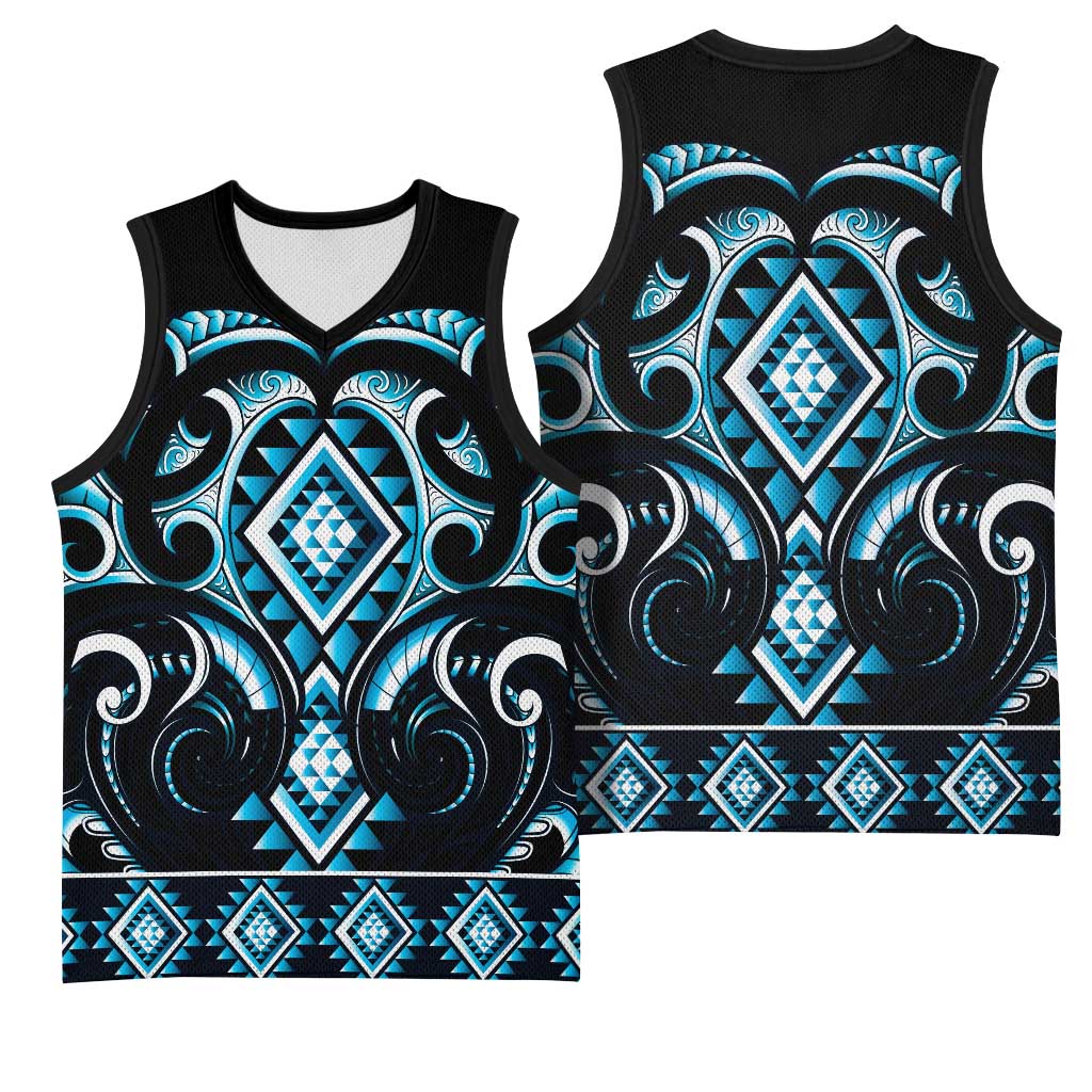 Blue Ngaru Taniko With Aotearoa Maori Tattoo Basketball Jersey LT14 - Polynesian Pride