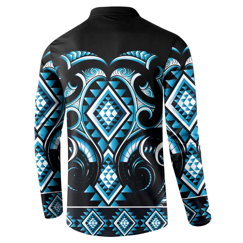Blue Ngaru Taniko With Aotearoa Maori Tattoo Button Sweatshirt LT14 - Polynesian Pride