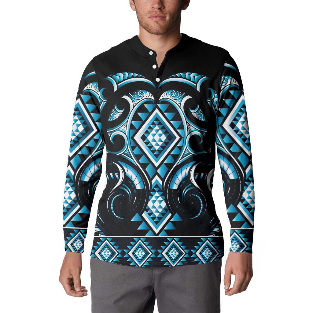 Blue Ngaru Taniko With Aotearoa Maori Tattoo Button Sweatshirt LT14 - Polynesian Pride