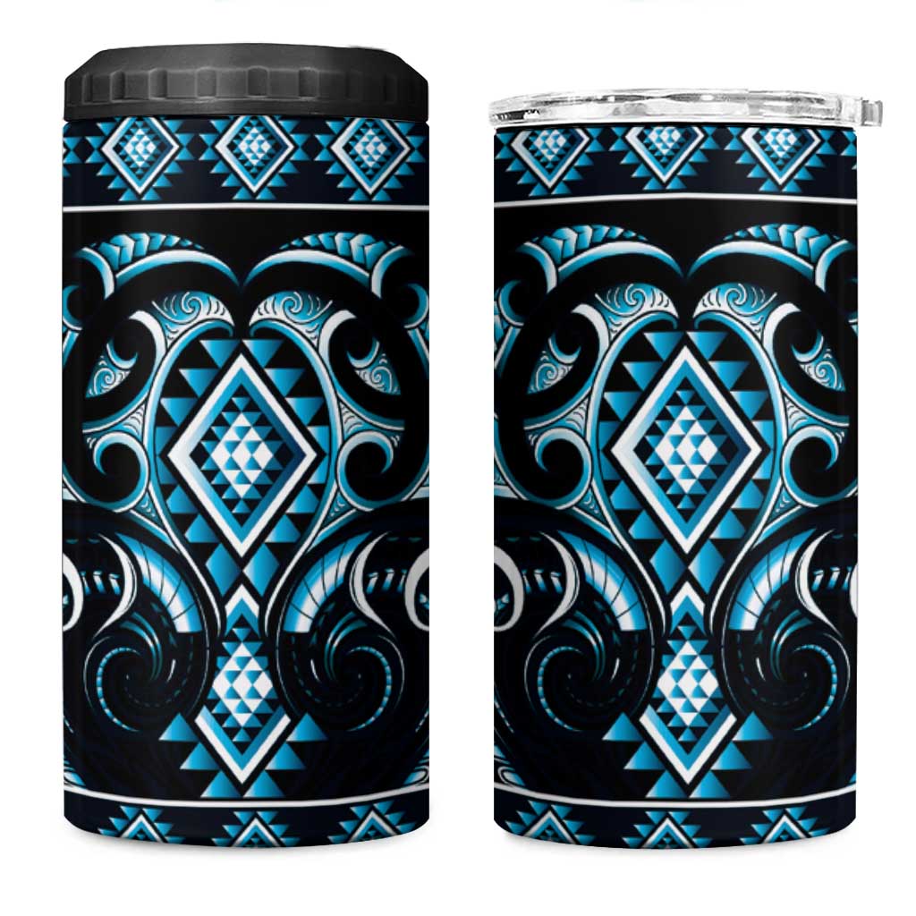 Blue Ngaru Taniko With Aotearoa Maori Tattoo 4 in 1 Can Cooler Tumbler