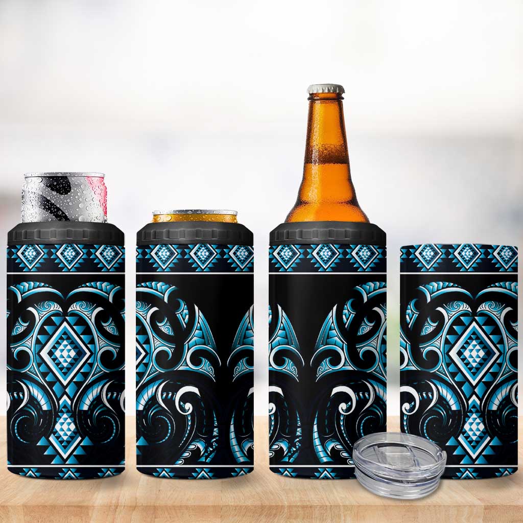 Blue Ngaru Taniko With Aotearoa Maori Tattoo 4 in 1 Can Cooler Tumbler