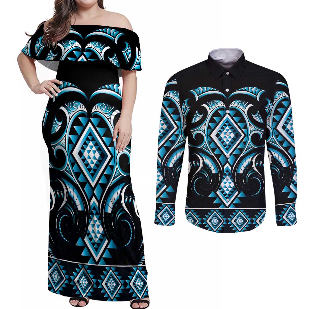 Blue Ngaru Taniko With Aotearoa Maori Tattoo Couples Matching Off Shoulder Maxi Dress and Long Sleeve Button Shirt