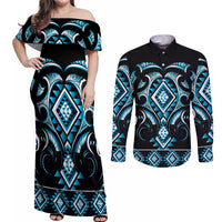 Blue Ngaru Taniko With Aotearoa Maori Tattoo Couples Matching Off Shoulder Maxi Dress and Long Sleeve Button Shirt