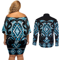 Blue Ngaru Taniko With Aotearoa Maori Tattoo Couples Matching Off Shoulder Short Dress and Long Sleeve Button Shirt