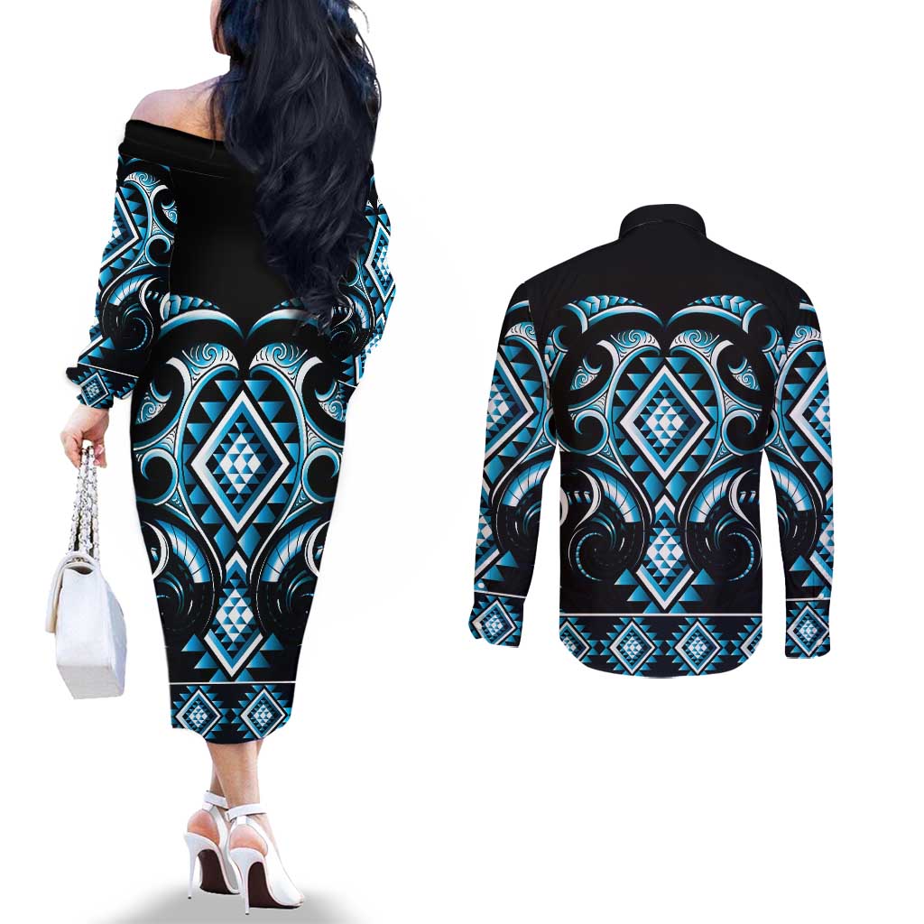 Blue Ngaru Taniko With Aotearoa Maori Tattoo Couples Matching Off The Shoulder Long Sleeve Dress and Long Sleeve Button Shirt LT14 - Polynesian Pride