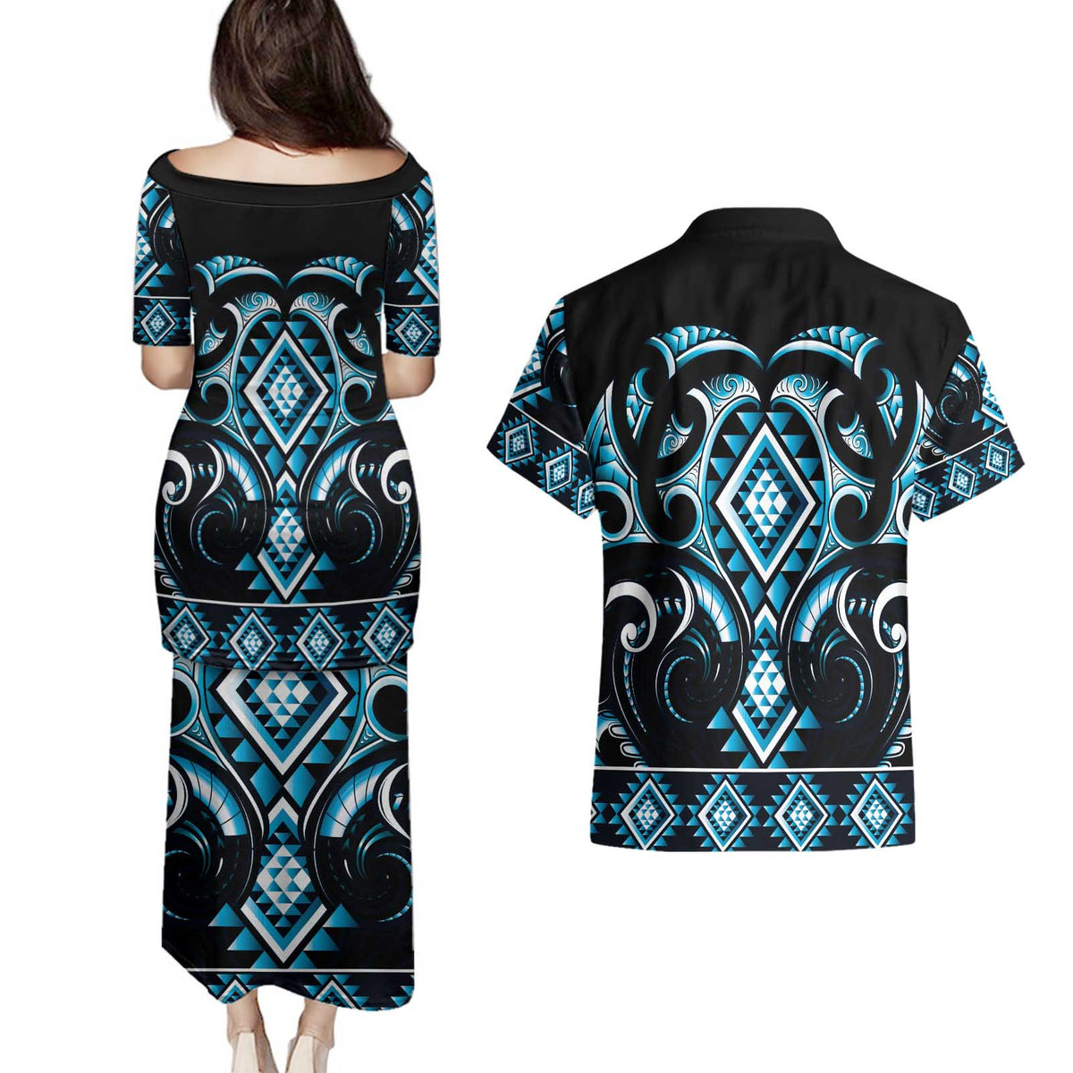 Blue Ngaru Taniko With Aotearoa Maori Tattoo Couples Matching Puletasi and Hawaiian Shirt