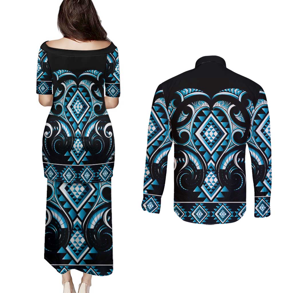 Blue Ngaru Taniko With Aotearoa Maori Tattoo Couples Matching Puletasi and Long Sleeve Button Shirt