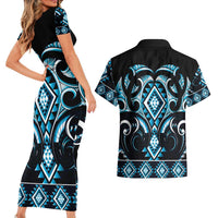 Blue Ngaru Taniko With Aotearoa Maori Tattoo Couples Matching Short Sleeve Bodycon Dress and Hawaiian Shirt