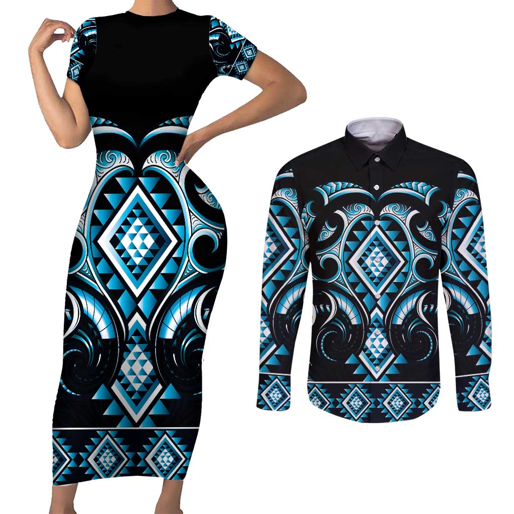Blue Ngaru Taniko With Aotearoa Maori Tattoo Couples Matching Short Sleeve Bodycon Dress and Long Sleeve Button Shirt LT14 Blue - Polynesian Pride