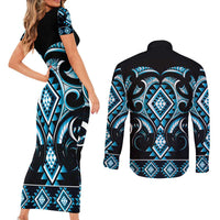 Blue Ngaru Taniko With Aotearoa Maori Tattoo Couples Matching Short Sleeve Bodycon Dress and Long Sleeve Button Shirt LT14 - Polynesian Pride