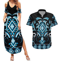 Blue Ngaru Taniko With Aotearoa Maori Tattoo Couples Matching Summer Maxi Dress and Hawaiian Shirt