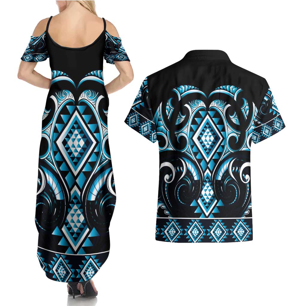 Blue Ngaru Taniko With Aotearoa Maori Tattoo Couples Matching Summer Maxi Dress and Hawaiian Shirt