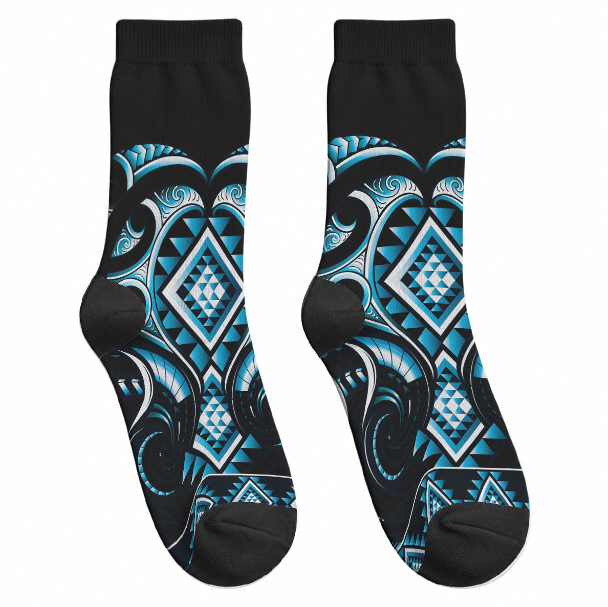 Blue Ngaru Taniko With Aotearoa Maori Tattoo Crew Socks LT14 - Polynesian Pride