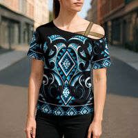 Blue Ngaru Taniko With Aotearoa Maori Tattoo Cross Shoulder Shirt - Polynesian Pride