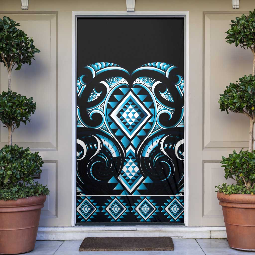 Blue Ngaru Taniko With Aotearoa Maori Tattoo Door Cover - Polynesian Pride