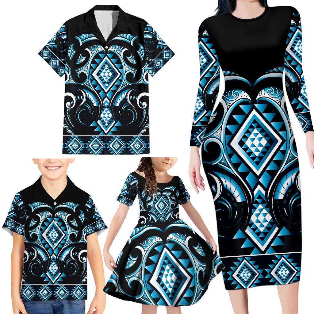 Blue Ngaru Taniko With Aotearoa Maori Tattoo Family Matching Long Sleeve Bodycon Dress and Hawaiian Shirt LT14 - Polynesian Pride