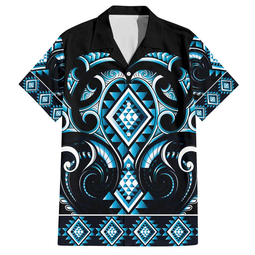 Blue Ngaru Taniko With Aotearoa Maori Tattoo Family Matching Long Sleeve Bodycon Dress and Hawaiian Shirt LT14 Dad's Shirt - Short Sleeve Blue - Polynesian Pride