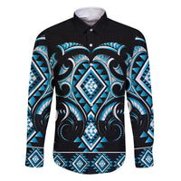 Blue Ngaru Taniko With Aotearoa Maori Tattoo Family Matching Long Sleeve Bodycon Dress and Hawaiian Shirt LT14 Dad's Shirt - Long Sleeve Blue - Polynesian Pride