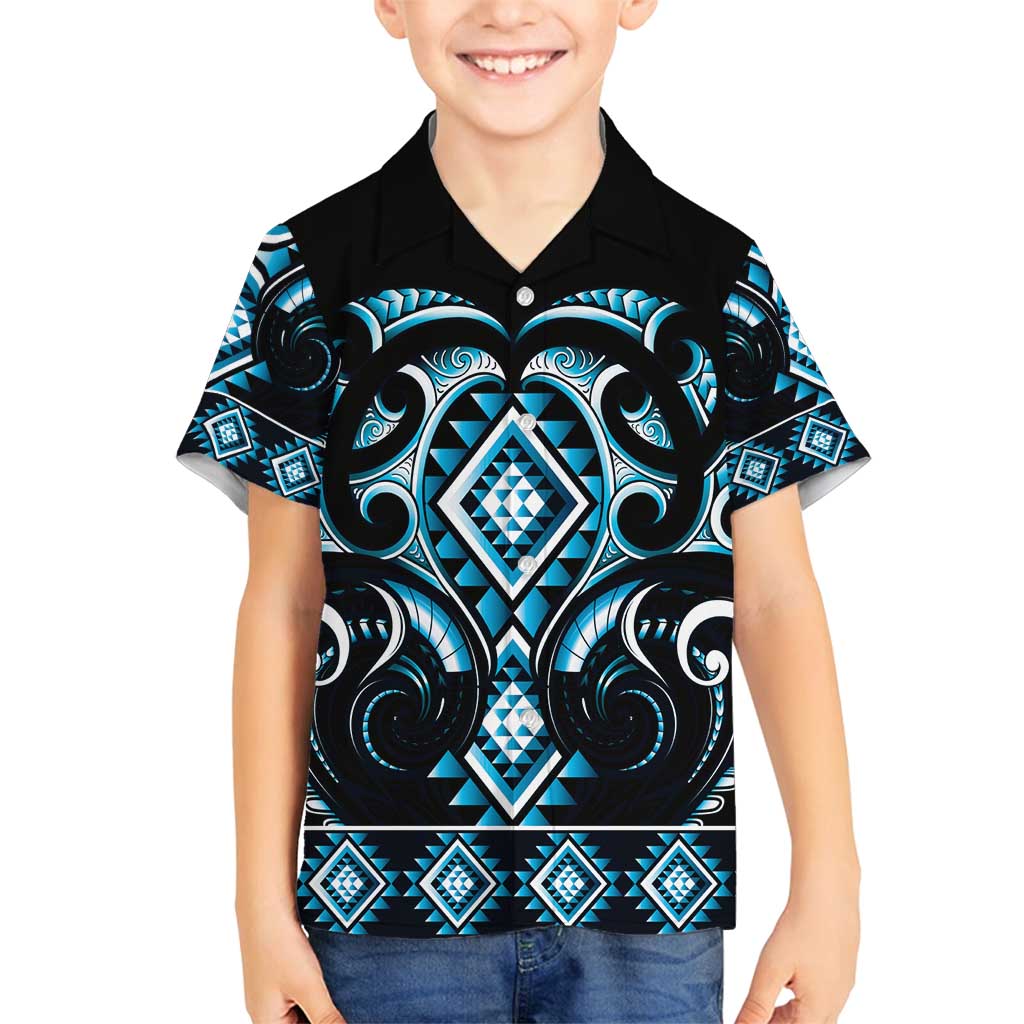 Blue Ngaru Taniko With Aotearoa Maori Tattoo Family Matching Long Sleeve Bodycon Dress and Hawaiian Shirt LT14 Son's Shirt Blue - Polynesian Pride