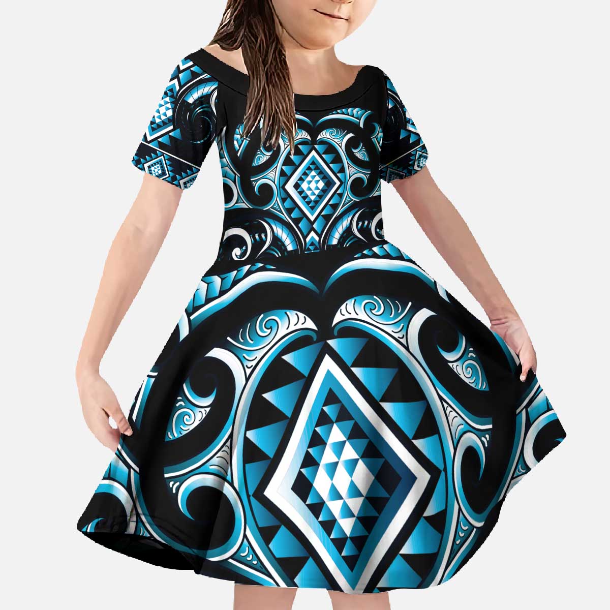 Blue Ngaru Taniko With Aotearoa Maori Tattoo Family Matching Off The Shoulder Long Sleeve Dress and Hawaiian Shirt LT14 Daughter's Dress Blue - Polynesian Pride