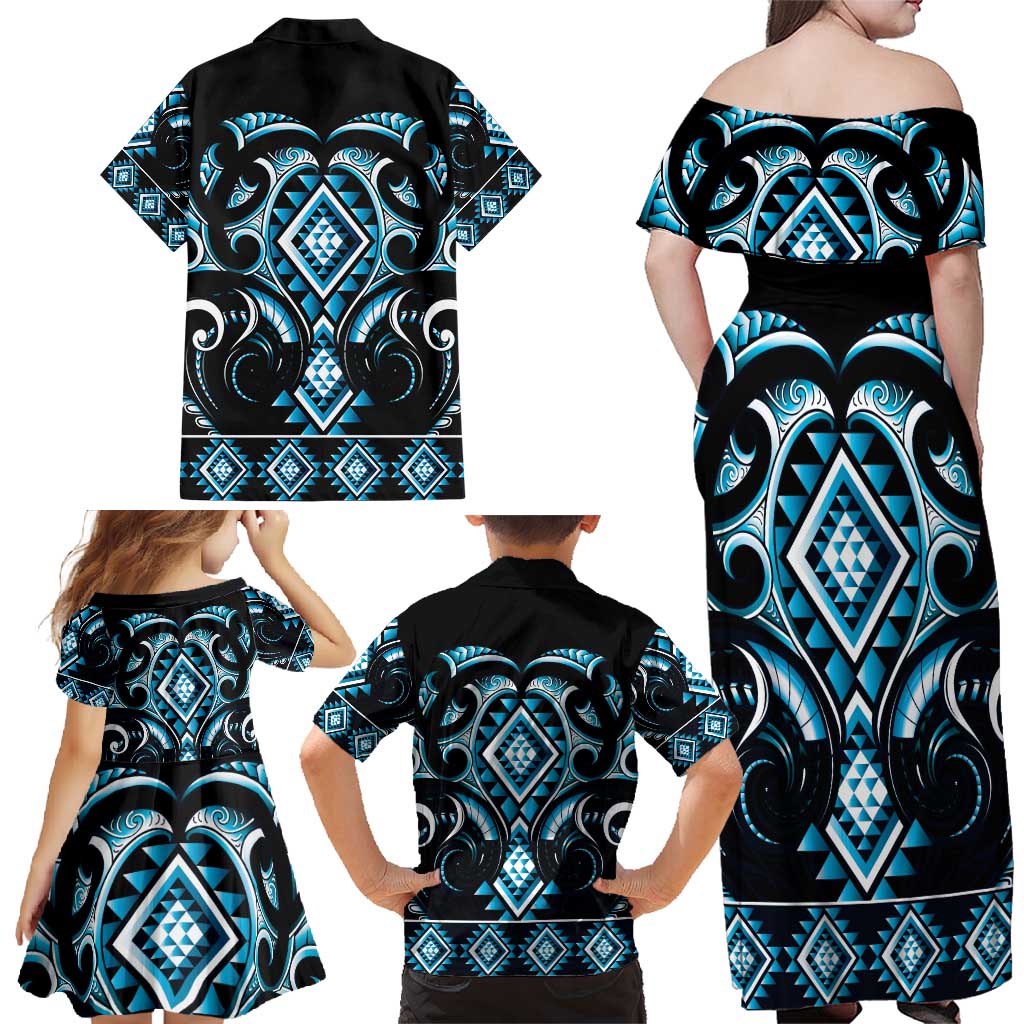 Blue Ngaru Taniko With Aotearoa Maori Tattoo Family Matching Off Shoulder Maxi Dress and Hawaiian Shirt