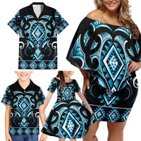 Blue Ngaru Taniko With Aotearoa Maori Tattoo Family Matching Off Shoulder Short Dress and Hawaiian Shirt