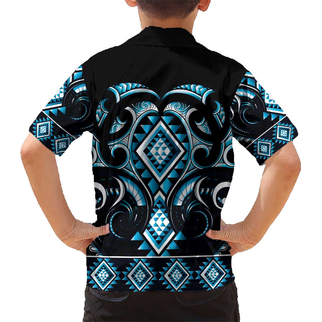 Blue Ngaru Taniko With Aotearoa Maori Tattoo Family Matching Short Sleeve Bodycon Dress and Hawaiian Shirt LT14 - Polynesian Pride