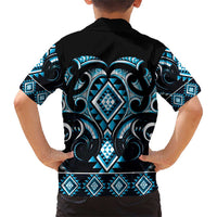 Blue Ngaru Taniko With Aotearoa Maori Tattoo Family Matching Short Sleeve Bodycon Dress and Hawaiian Shirt LT14 - Polynesian Pride