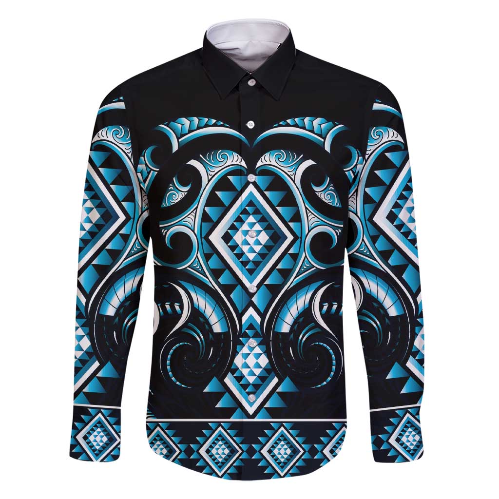 Blue Ngaru Taniko With Aotearoa Maori Tattoo Family Matching Short Sleeve Bodycon Dress and Hawaiian Shirt LT14 Dad's Shirt - Long Sleeve Blue - Polynesian Pride