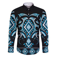Blue Ngaru Taniko With Aotearoa Maori Tattoo Family Matching Short Sleeve Bodycon Dress and Hawaiian Shirt LT14 Dad's Shirt - Long Sleeve Blue - Polynesian Pride
