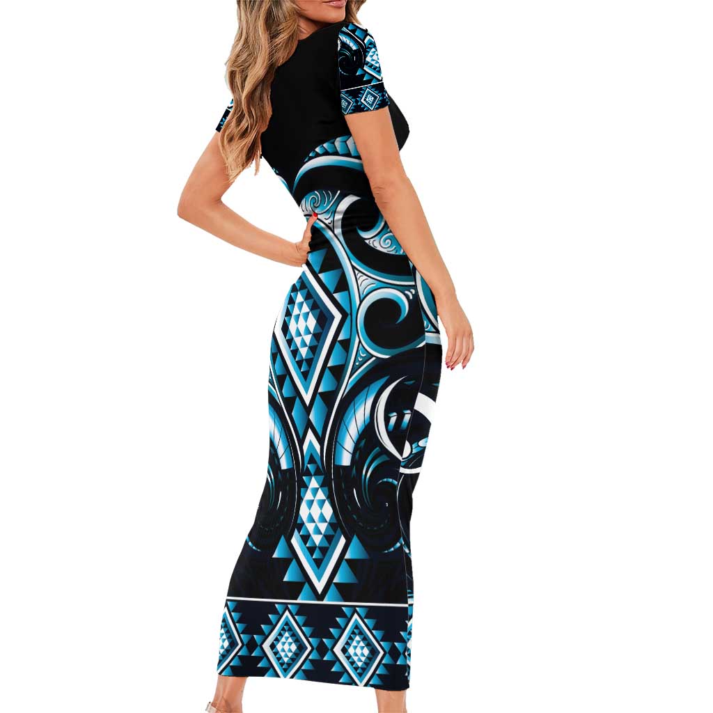Blue Ngaru Taniko With Aotearoa Maori Tattoo Family Matching Short Sleeve Bodycon Dress and Hawaiian Shirt LT14 - Polynesian Pride
