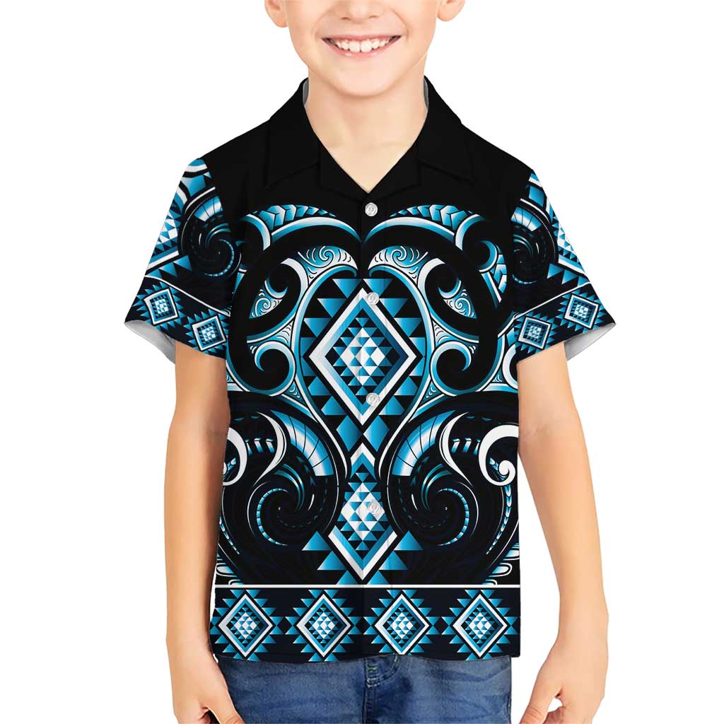 Blue Ngaru Taniko With Aotearoa Maori Tattoo Family Matching Short Sleeve Bodycon Dress and Hawaiian Shirt LT14 Son's Shirt Blue - Polynesian Pride