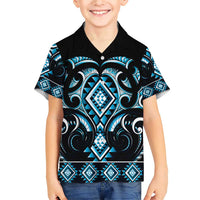 Blue Ngaru Taniko With Aotearoa Maori Tattoo Family Matching Short Sleeve Bodycon Dress and Hawaiian Shirt LT14 Son's Shirt Blue - Polynesian Pride