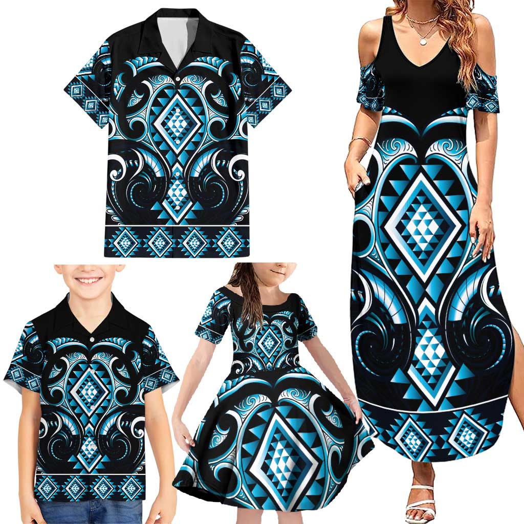 Blue Ngaru Taniko With Aotearoa Maori Tattoo Family Matching Summer Maxi Dress and Hawaiian Shirt