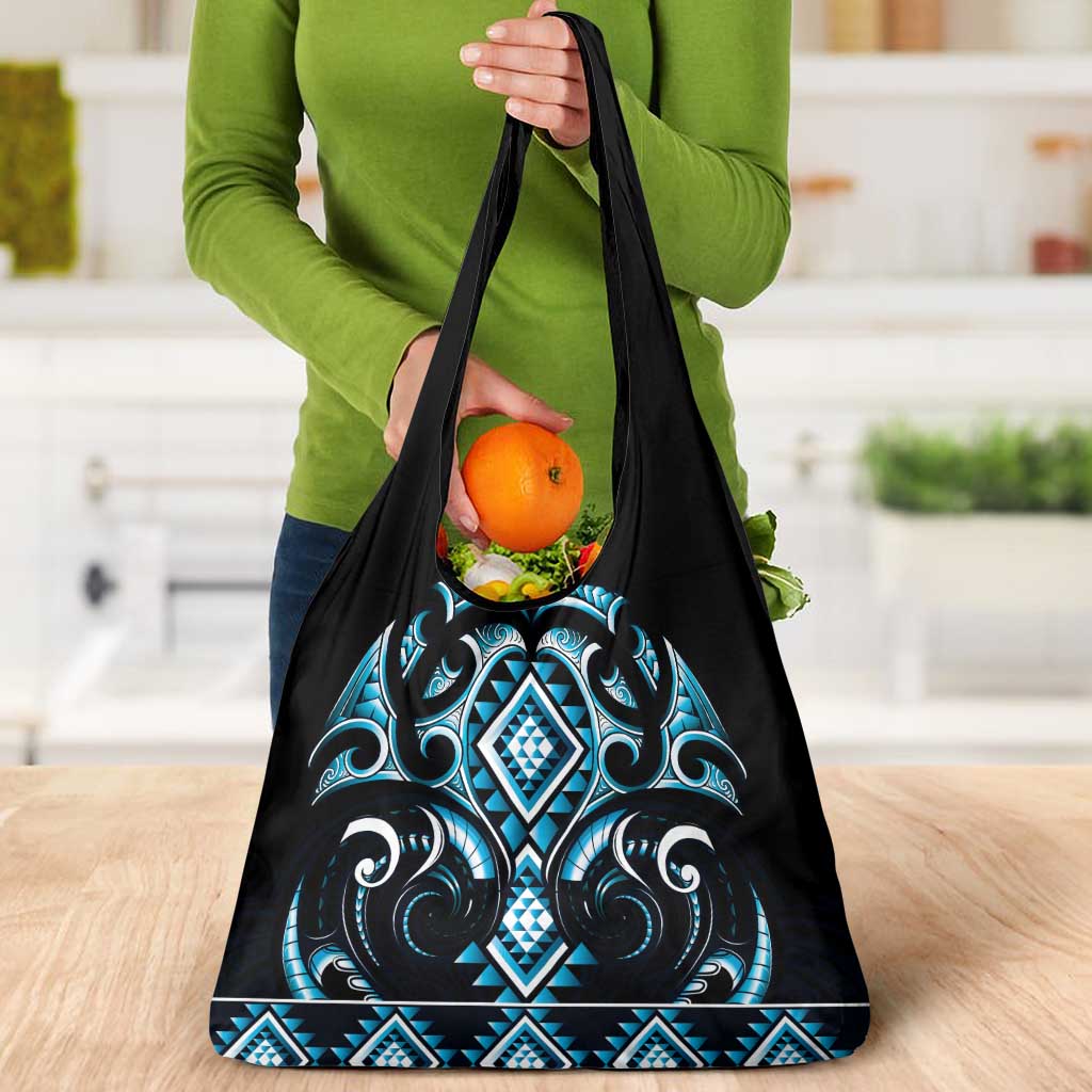 Blue Ngaru Taniko With Aotearoa Maori Tattoo Grocery Bag