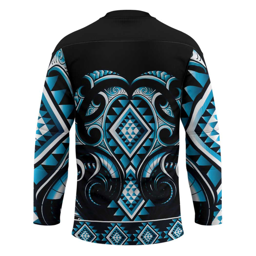 Blue Ngaru Taniko With Aotearoa Maori Tattoo Hockey Jersey - Polynesian Pride
